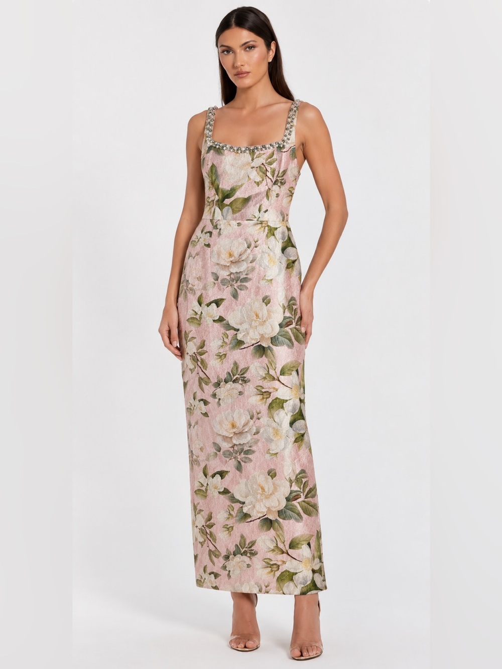 NWT Adrianna Papell Jacquard Column Beaded Rhinestone Neckline Dress 10M